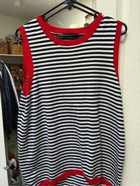 Sleeveless Striped Knit Tank with Red Trim